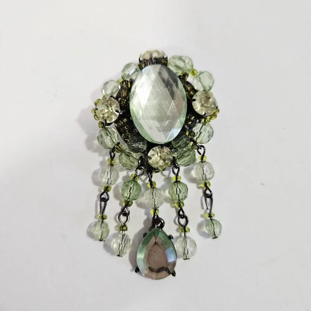 Vintage Victorian Revival Green Rhinestone Beaded Dangle Teardrop Brooch Pin